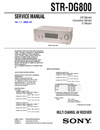 SONY STR-DG800 SONY STR-DG800
MULTI CHANNEL AV RECEIVER.
SERVICE MANUAL VERSION 1.1 20006.05
PART#(9-887-172-02)